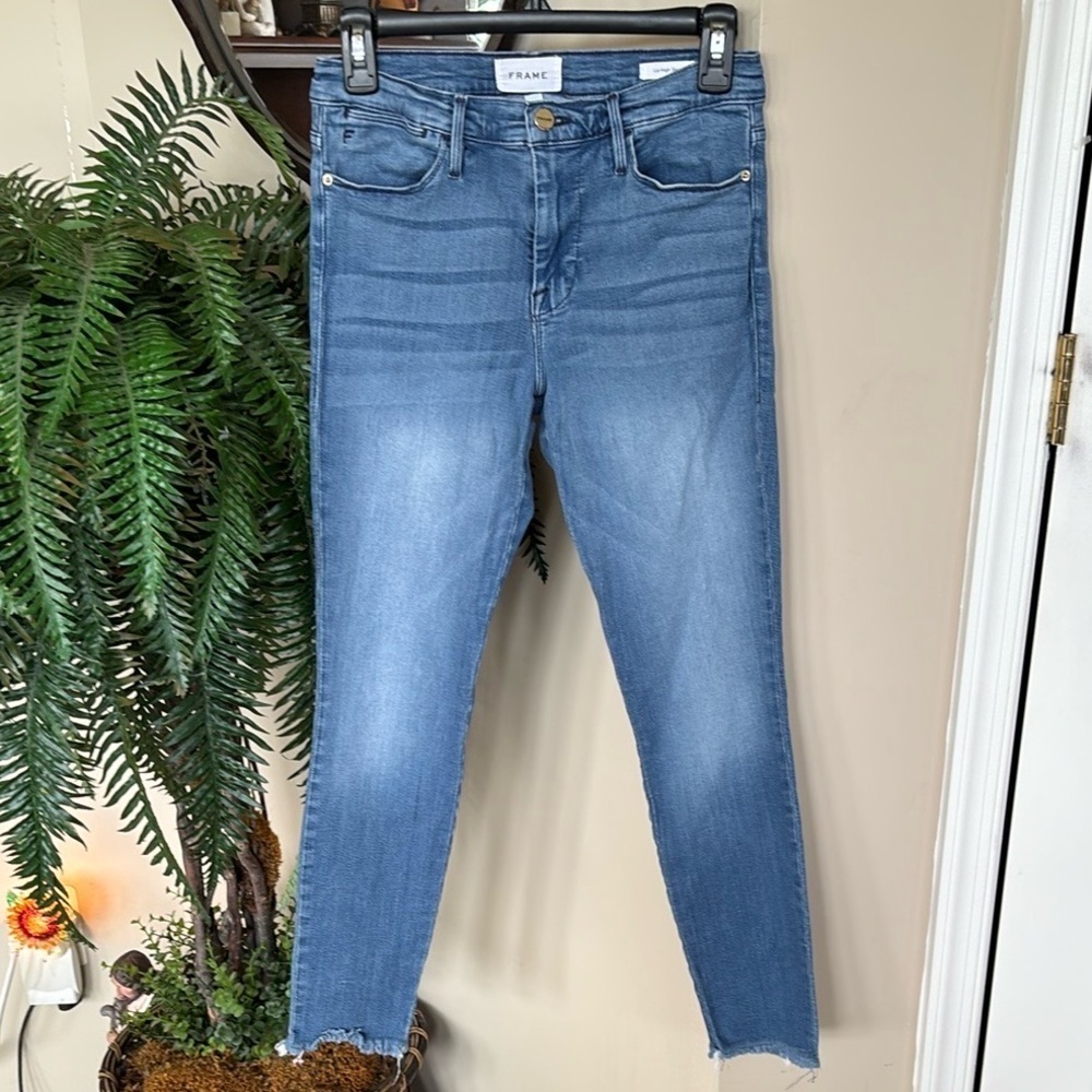 Frame Le High Skinny Jeans High Rise Super Stretch Blue Denim Ankle Raw Hem